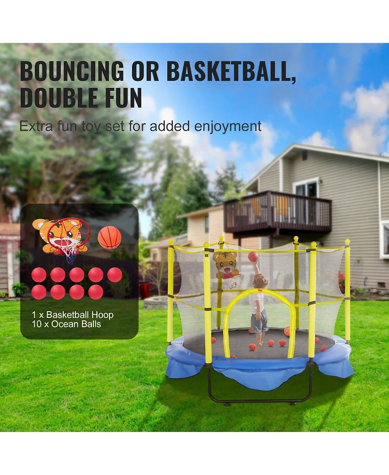 Slickblue Kids Trampoline with Safety Net Basketball Hoop and Balls Indoor Outdoor for Ages 3+