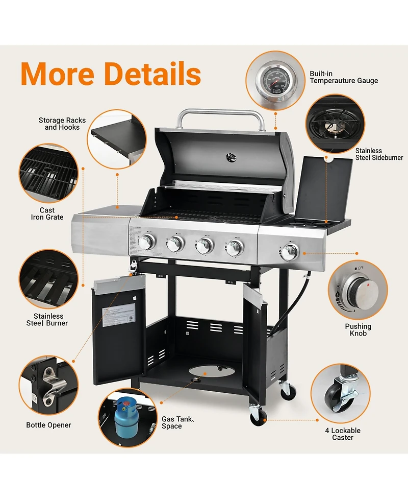 Mondawe 4 Burner 51,000 Btu Stainless Steel Barbecue Gas Grill with Side Burner and Cover