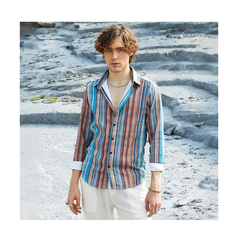 Campus Sutra Men's Azure Blue & Chocolate Brown Multitrack-Striped Shirt