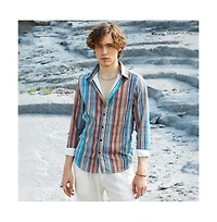 Campus Sutra Men's Azure Blue & Chocolate Brown Multitrack-Striped Shirt