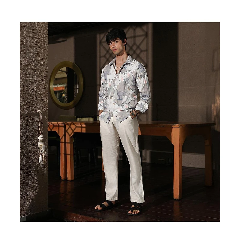 Campus Sutra Men's Moon Grey & Chalk White Artistic-Blur Shirt