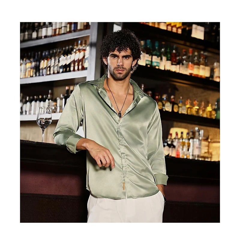 Campus Sutra Men's Sage Green Solid Satin Shirt
