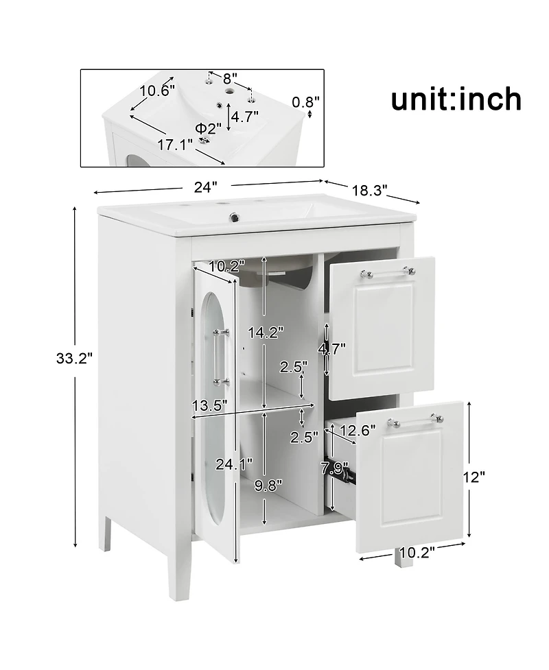 Casainc 24" Bathroom Vanity with Sink, 2 Drawers and Door, Adjustable Shelf