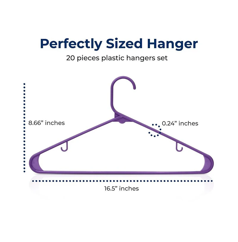 SereneLife 20 Pcs. Plastic Hangers - Non-Slip, Sturdy, and Heavy Duty Coat Set with 360° Swivel Hook for Clothes (Purple)
