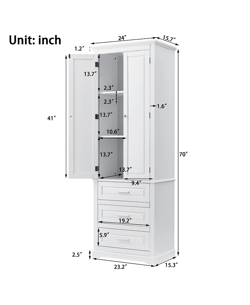 Casainc 70"H Tall Storage Cabinet with 3 Drawers for Bathroom or Office Use