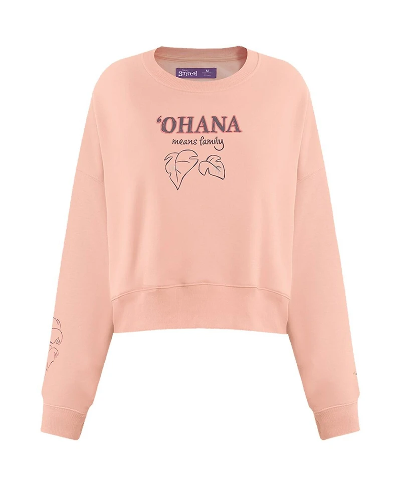 Freeze Max Women's Light Pink Lilo and Stitch Ohana Loose Fit Cropped Pullover Sweatshirt