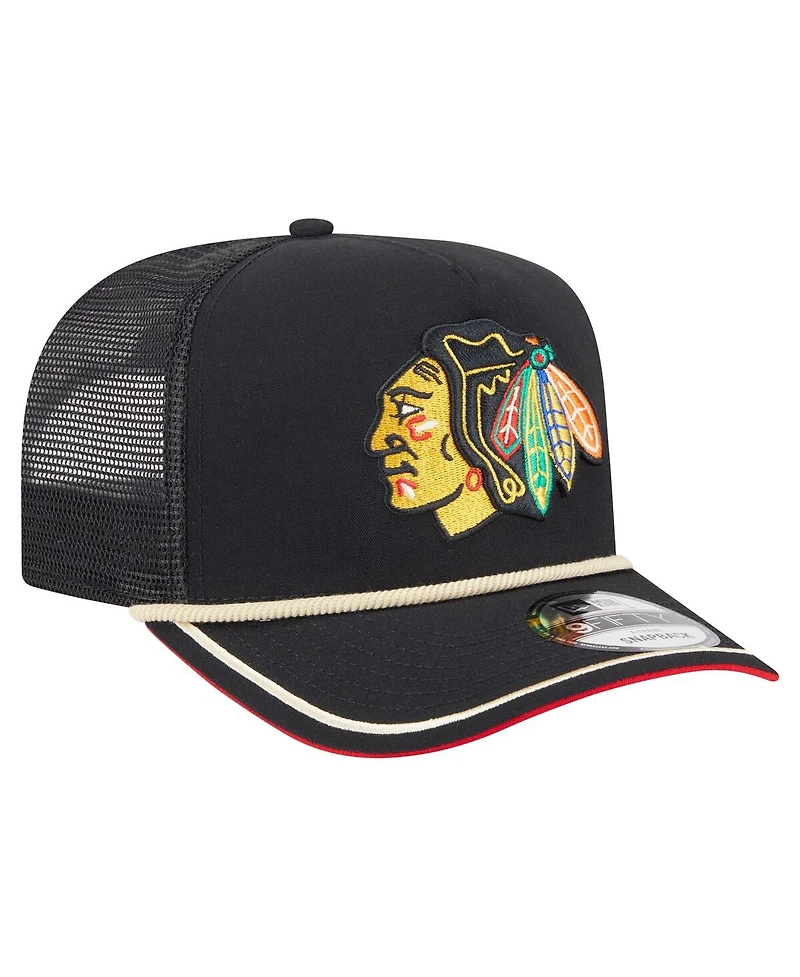 New Era Men's Black Chicago Blackhawks Vintage Team Rope A-Frame 9FIFTY Snapback Hat