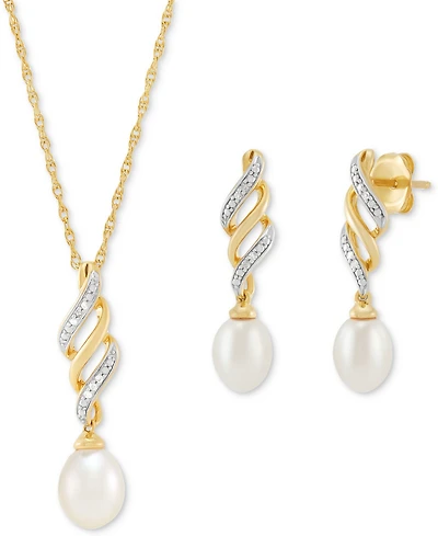 2-Pc. Set Cultured Freshwater Pearl (6 & 7mm) & Diamond Accent Swirl Pendant Necklace & Matching Drop Earrings in 14k Gold-Plated Sterling Silver