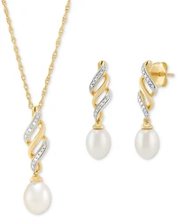 2-Pc. Set Cultured Freshwater Pearl (6 & 7mm) & Diamond Accent Swirl Pendant Necklace & Matching Drop Earrings in 14k Gold-Plated Sterling Silver