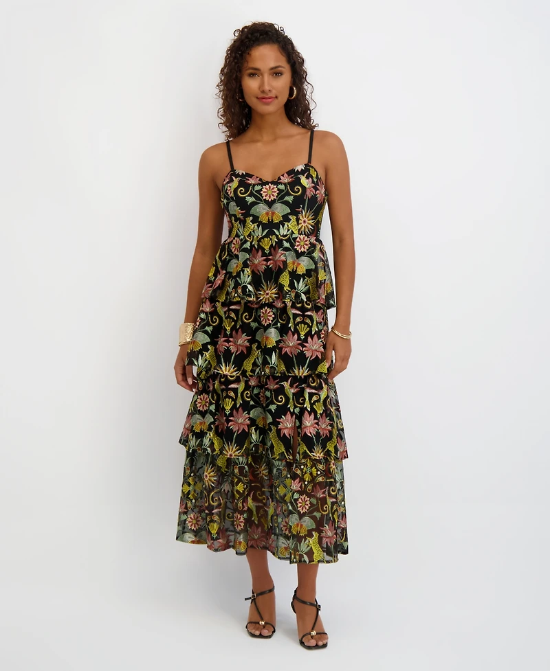 Siena Women's Embroidered Mesh Sleeveless Maxi Dress