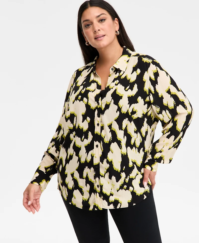 I.n.c. International Concepts Plus Printed Blouson-Sleeve Button-Front Shirt, Macy's Exclusive