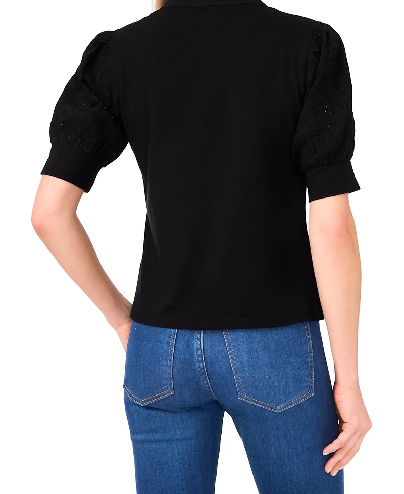 CeCe Women's Cotton Puffed-Sleeve Mixed-Media Top