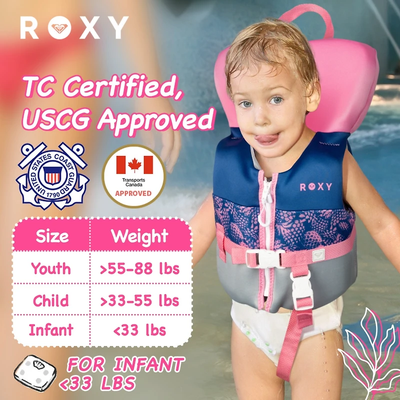 Roxy Daily Cga Life vest, Pfd for kids with Quick Release Belts and Adjustable Leg Strap