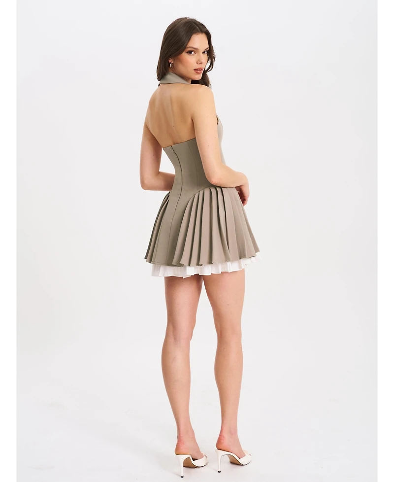 Miss Circle Women's Hazel Brown Preppy Halter Neck Pleated Mini Dress