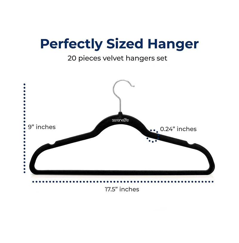 SereneLife 20 Pcs. Velvet Hangers - Non-Slip, Sturdy, and Heavy Duty Coat Set with 360° Swivel Hook for Clothes (Black)