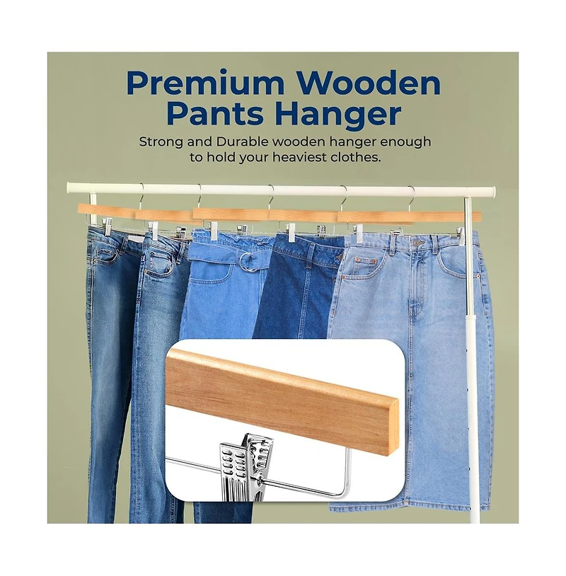 SereneLifen 10 Pcs. Premium Wooden Pants Hangers - Heavy Duty Hanger Set with Chrome 360° Swivel Hook (Natural