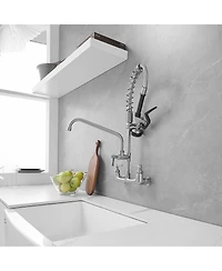 Greenspring Commercial Restaurant Pull Down 2-Handle Wall Mount Pre-Rinse Spray Utility Kitchen Faucet Polished Chrome