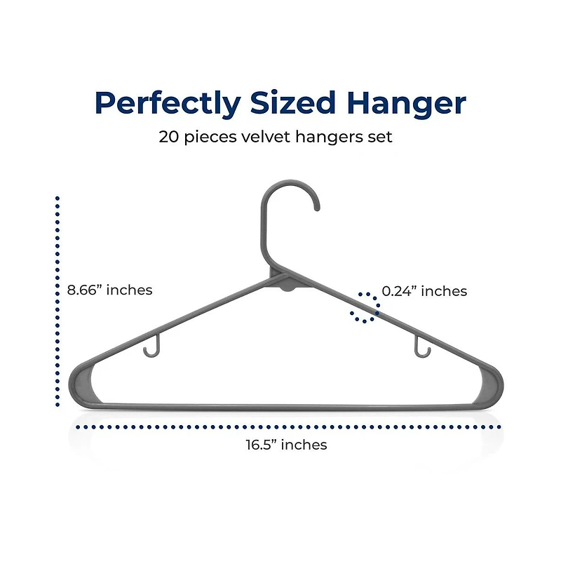 SereneLife 20 Pcs. Plastic Hangers - Non-Slip, Sturdy, and Heavy Duty Coat Set with 360° Swivel Hook for Clothes (Grey)