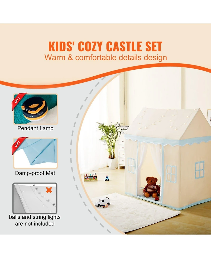 Castle Play Tent for Kids with Mat Tent Lamp and Windows Indoor Outdoor Playhouse
