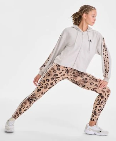Adidas Womens Animal Print 3 Stripe French Terry Zip Hoodie Leopard Print High Rise Leggings