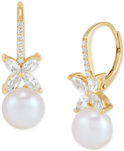 Cultured Freshwater Pearl (7mm) & Lab Grown White Sapphire (1 ct. t.w.) Leverback Drop Earrings in 14k Gold-Plated Sterling Silver