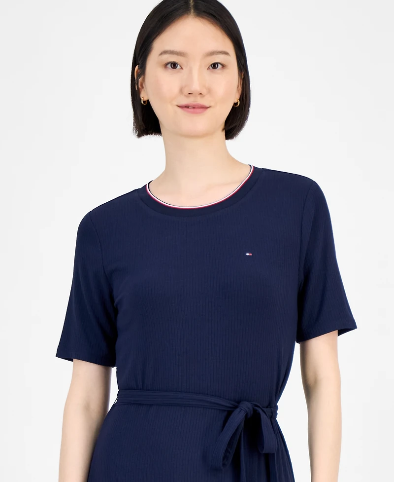 Tommy Hilfiger Women's Ribbed Belted Short-Sleeve Midi Dress
