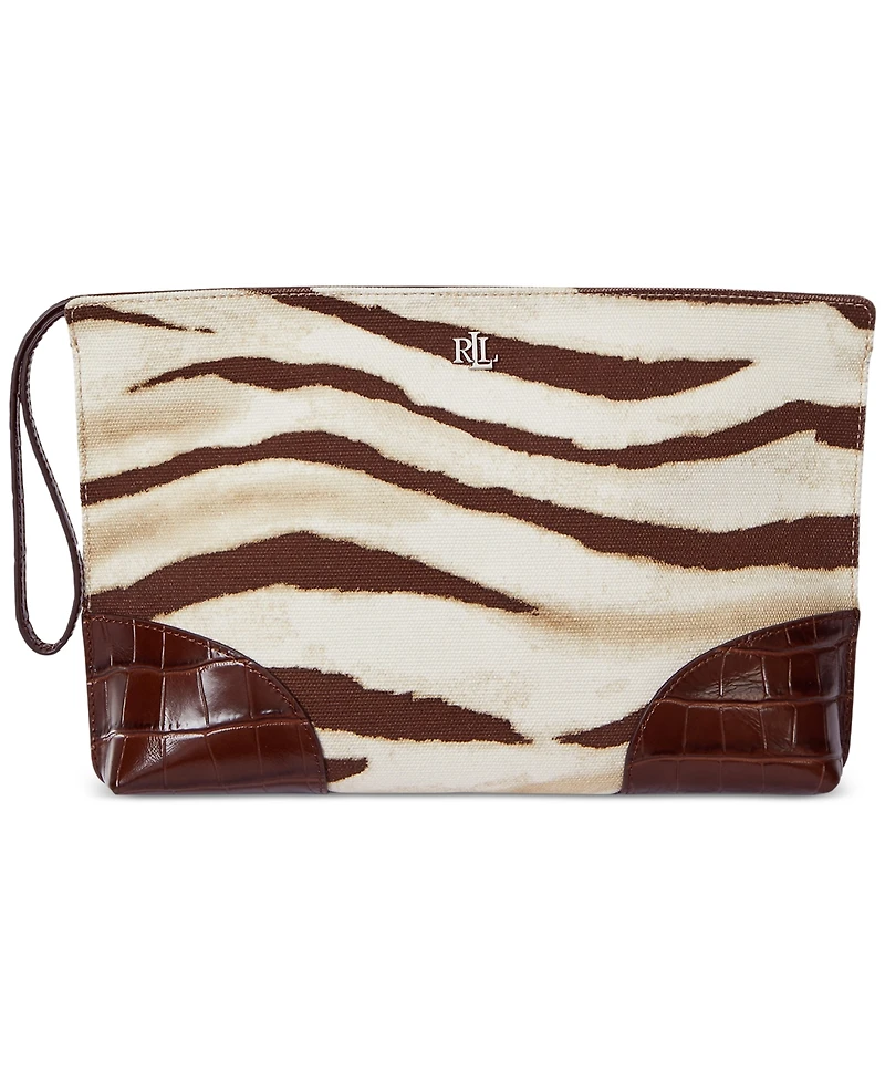 Lauren Ralph Lauren Zebra-Print Canvas & Leather Large Pouch