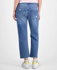 Vanilla Star Juniors' Cropped Straight Destructed Mid-Rise Jeans