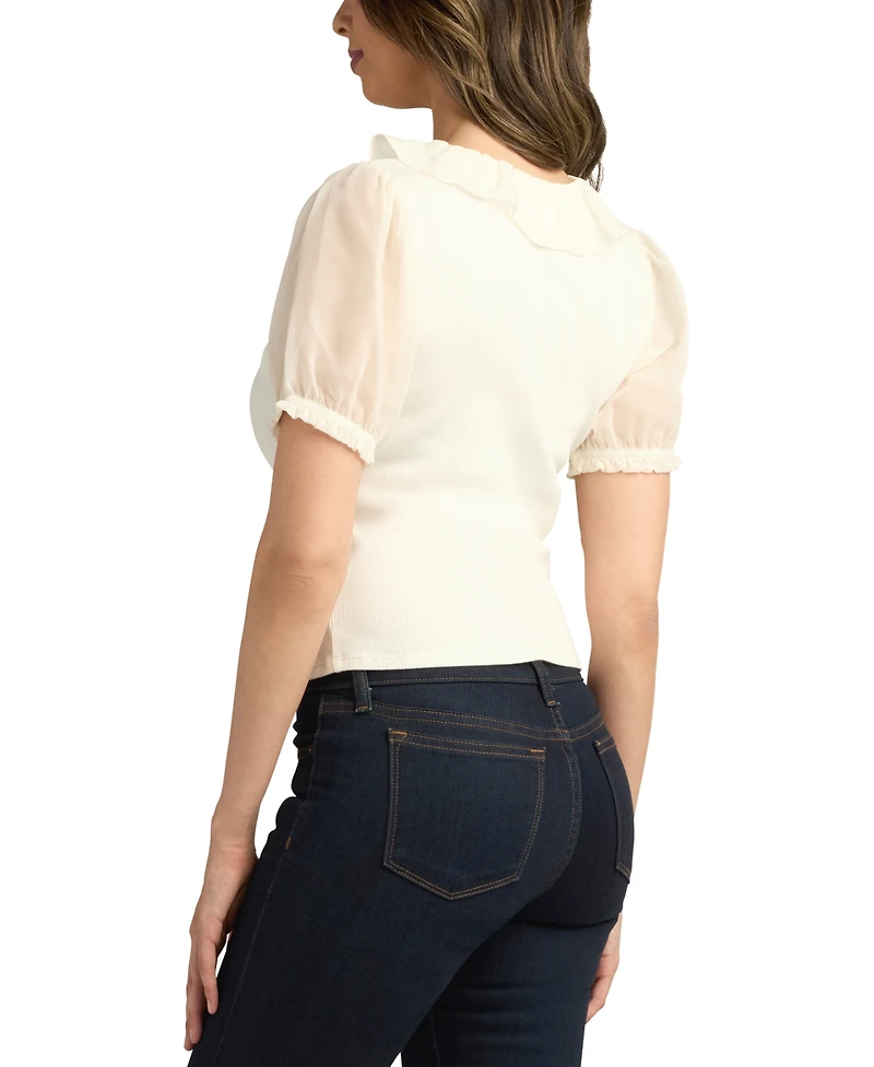 Bcx Juniors' Ribbed Puff-Sleeve Ruffle Top