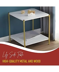 Kings Brand Furniture Side End Table with Faux Marble Storage Shelves & Gold Metal Frame, Nightstand for Bedroom, Living Room, or Modern Accent Table