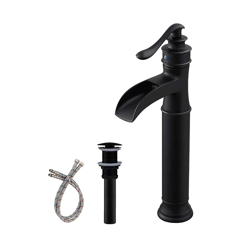 Waterfall Single Hole Single Handle Bathroom Vessel Sink Faucet With Pop Up Drain In Matte Black