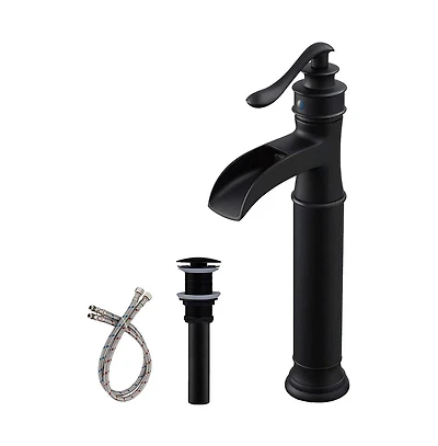 Waterfall Single Hole Single Handle Bathroom Vessel Sink Faucet With Pop Up Drain In Matte Black