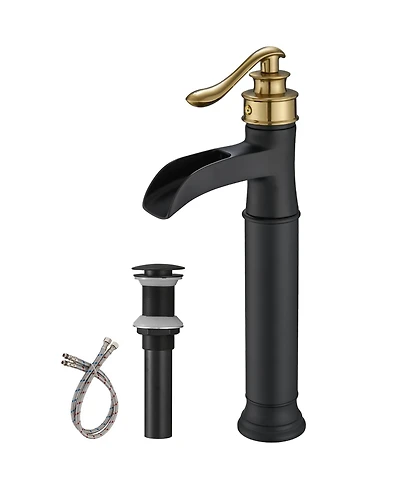 Waterfall Single Hole Handle Bathroom Vessel Sink Faucet With Pop Up Drain Matte Black