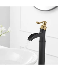 Waterfall Single Hole Handle Bathroom Vessel Sink Faucet With Pop Up Drain Matte Black