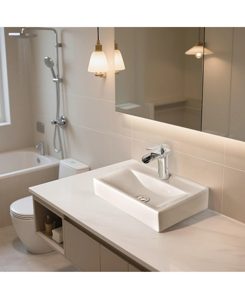 Aquaterior Wall Mount Ceramic Sink w/ Modern Bathroom Faucet Waterfall Spout