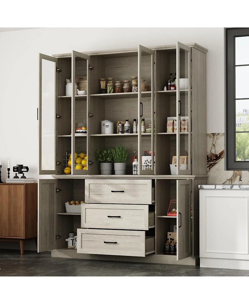 Homsee Modern gray white wood grain glass 6-door 3-drawer cabinet, storage cabinet, pantry