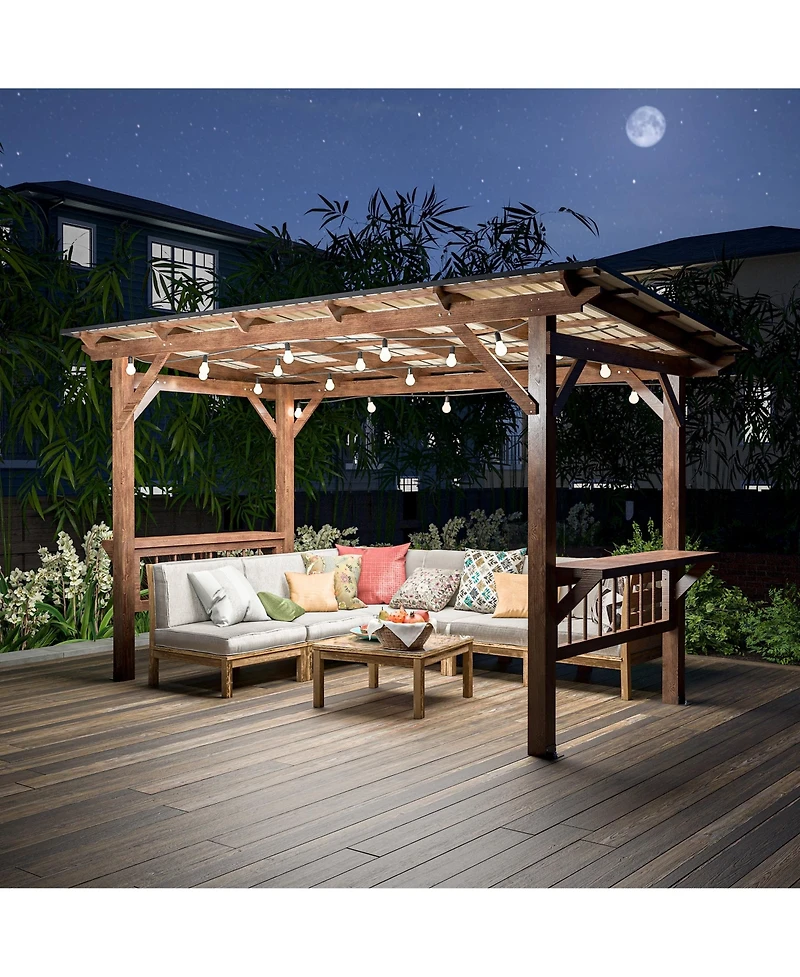 Mondawe 13x6.5FT Wooden Bbq Pergola – Metal Roof Grill Gazebo with Bar Counters & Lights