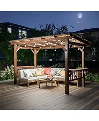 Mondawe 13x6.5FT Wooden Bbq Pergola – Metal Roof Grill Gazebo with Bar Counters & Lights