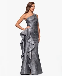 Xscape Petite One-Shoulder Ruffled Jacquard Gown