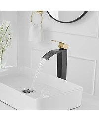 Greenspring Waterfall Single Hole Handle Bathroom Vessel Sink Faucet With Pop Up Drain Without Overflow Matte Black & Gold