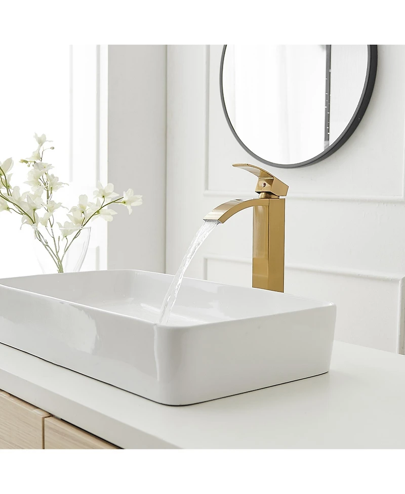 Greenspring Waterfall Single Hole Handle Bathroom Vessel Sink Faucet With Pop Up Drain Without Overflow Matte Black & Gold