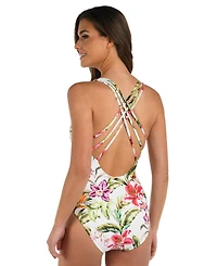 La Blanca Women's Polynesian Tummy-Control Plunge Lace-Inset One-Piece Swimsuit
