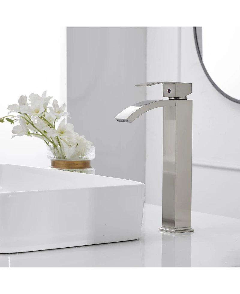 Greenspring Waterfall Single Hole Handle Bathroom Vessel Sink Faucet With Pop Up Drain Without Overflow Matte Black & Gold
