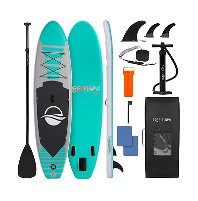 Free-Flow Welded Inflatable Stand-Up Paddle-Board with Double-Action Hand Pump, 3-Shaft Aluminum Paddle, Repair Kit and Backpack (Black)