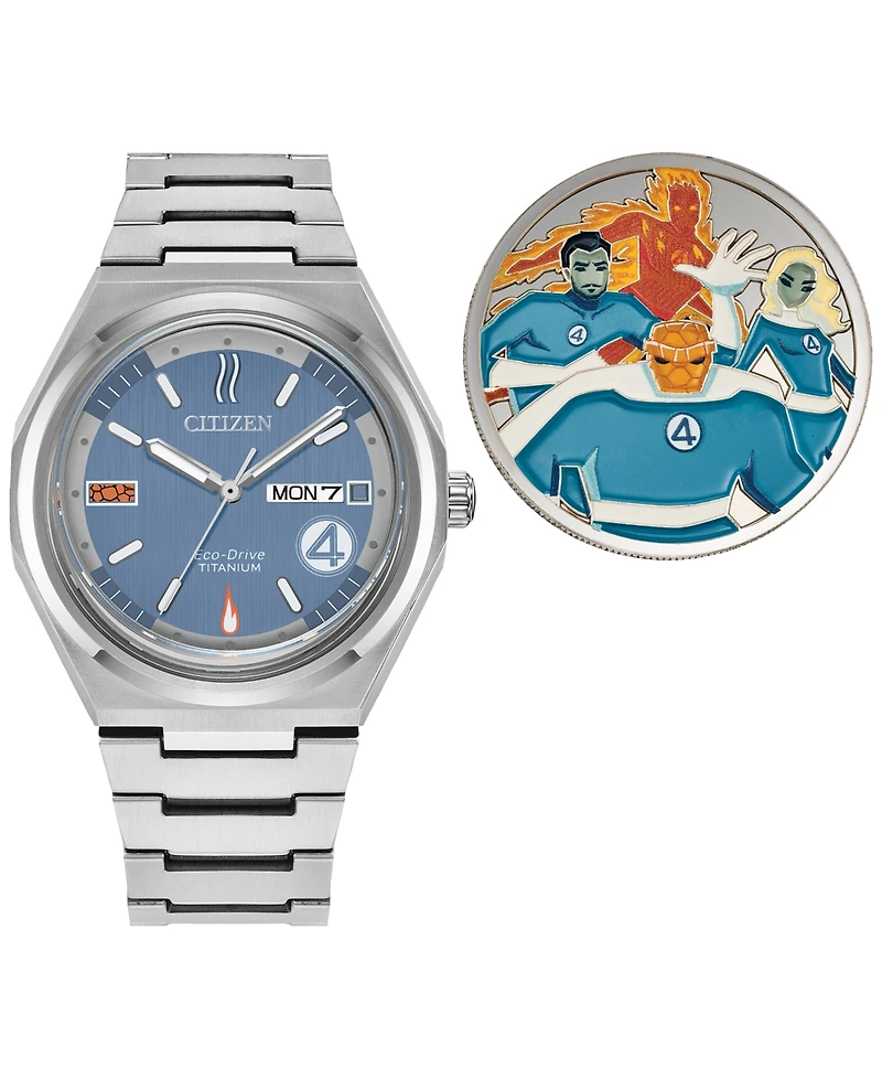 Citizen Eco-Drive Men's Marvel Fantastic Four Zenshin Silver-Tone Super Titanium Bracelet Watch 40mm Gift Set