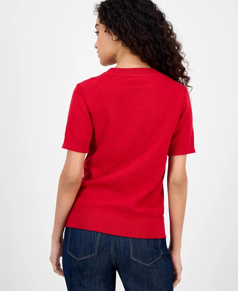 Nautica Jeans Women's Cotton Cable-Knit Short-Sleeve Sweater