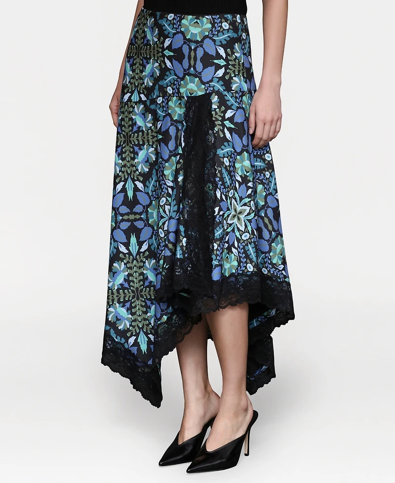 Avec Les Filles Women's Lace Trim Handkerchief Hem Skirt