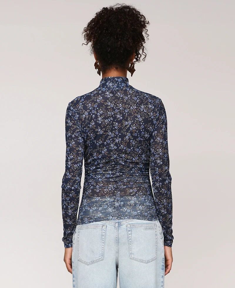 Avec Les Filles Women's Printed Mesh Mock Neck Ruched Top