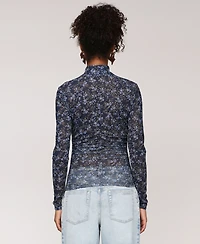 Avec Les Filles Women's Printed Mesh Mock Neck Ruched Top