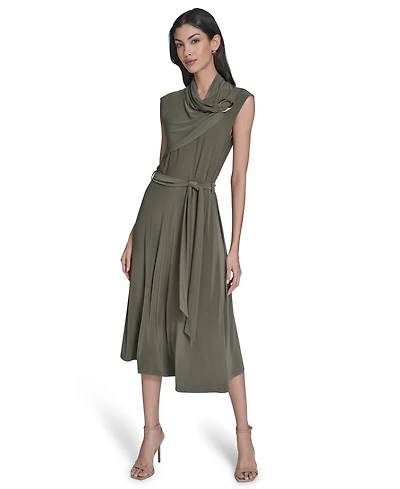 Halston Women's Jersey Mock-Neck Draped Midi Dress
